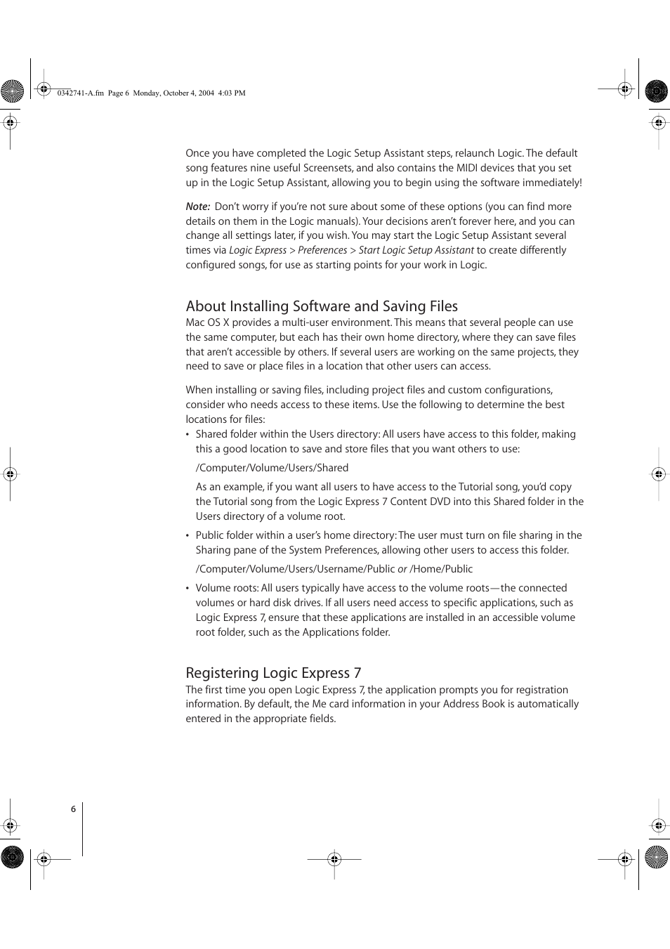 About installing software and saving files, Registering logic express 7 | Apple Logic Express 7 User Manual | Page 6 / 8
