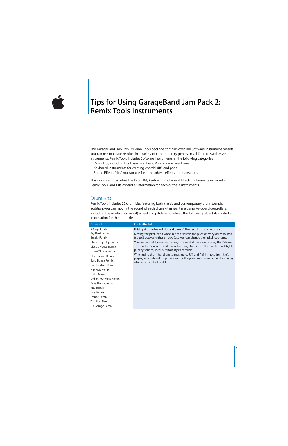 Apple GarageBand Jam Pack 2: Remix Tools Tips User Manual | 4 pages