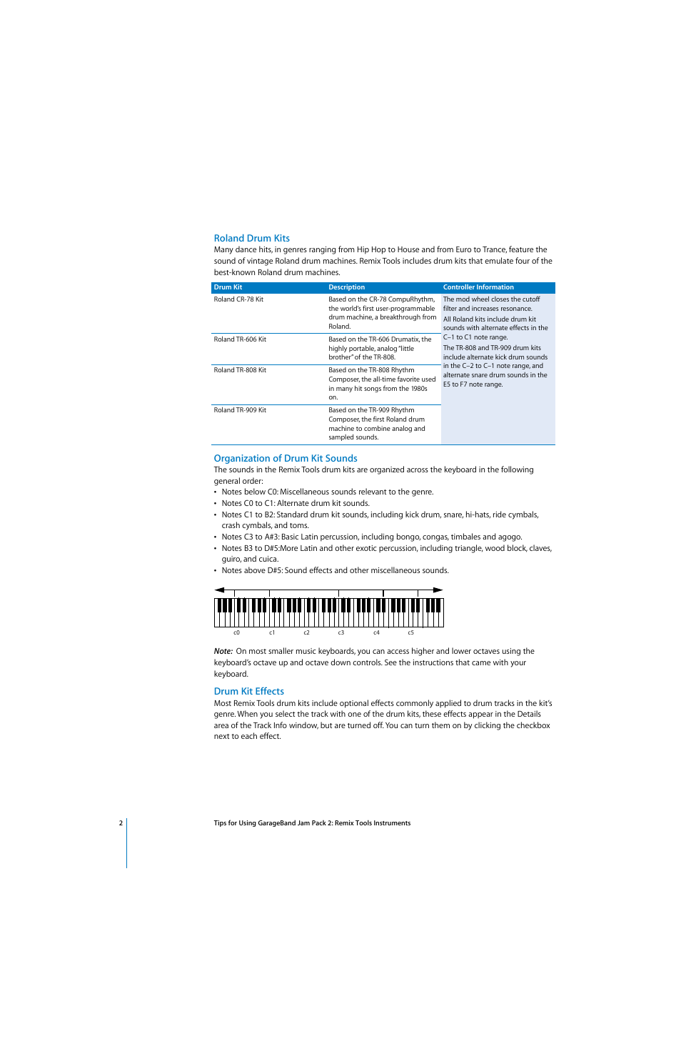 Roland drum kits, Organization of drum kit sounds, Drum kit effects | Apple GarageBand Jam Pack 2: Remix Tools Tips User Manual | Page 2 / 4