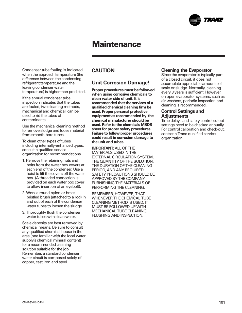 Maintenance, Caution unit corrosion damage | American Standard CH530 User Manual | Page 101 / 116