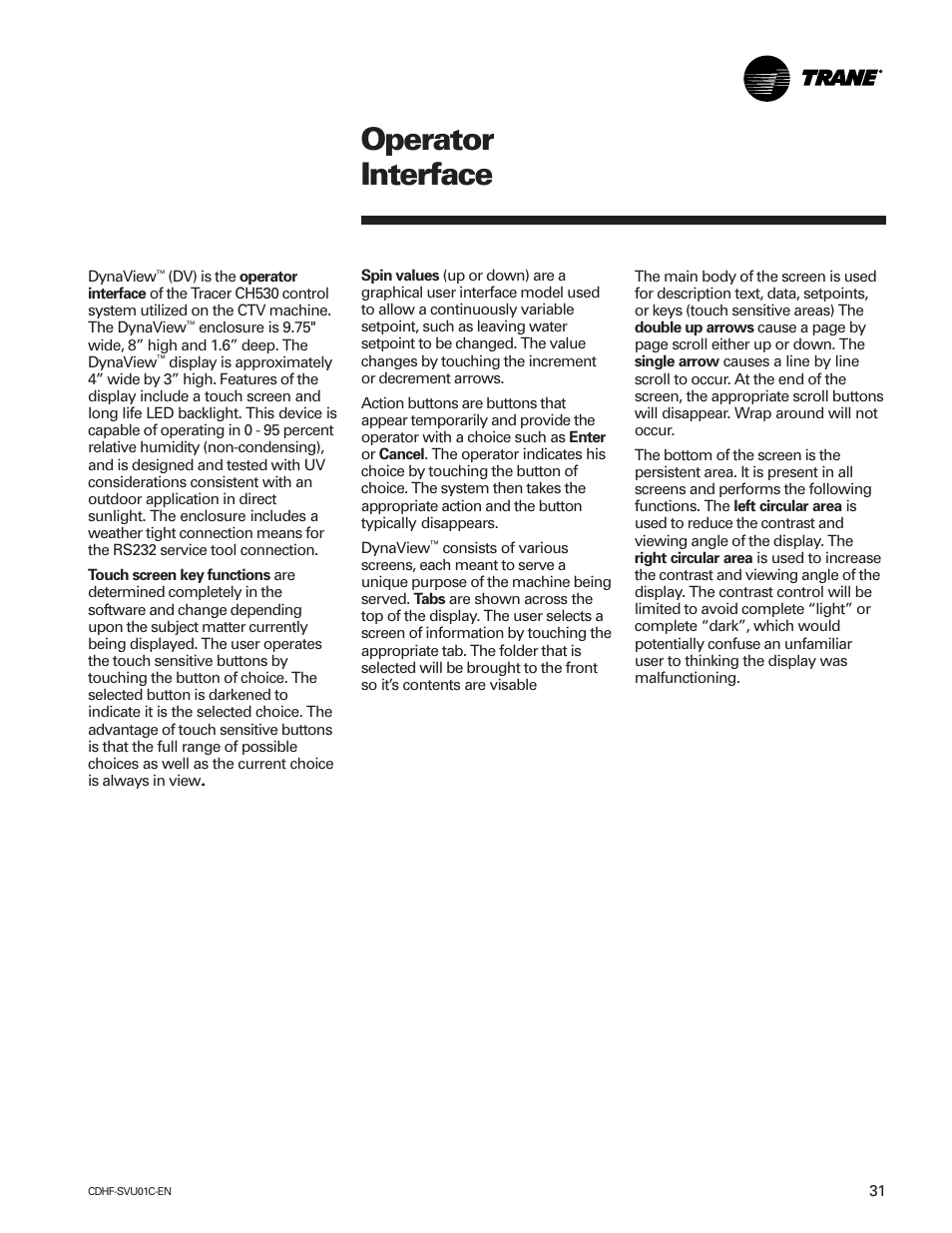 Operator interface | American Standard CH530 User Manual | Page 31 / 116
