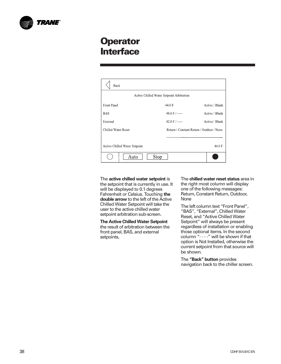 Chilled water setpoint, Operator interface | American Standard CH530 User Manual | Page 38 / 116