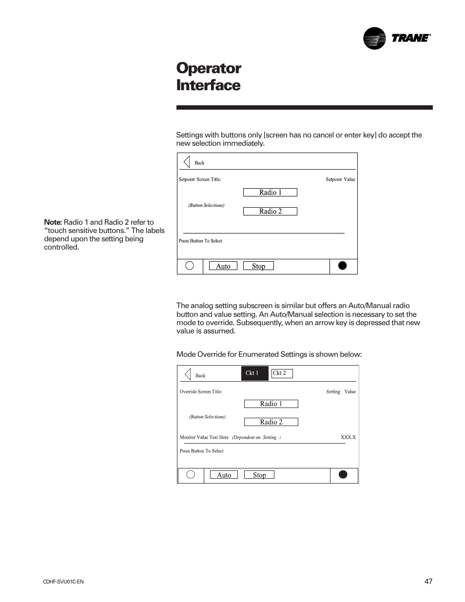 Operator interface | American Standard CH530 User Manual | Page 47 / 116
