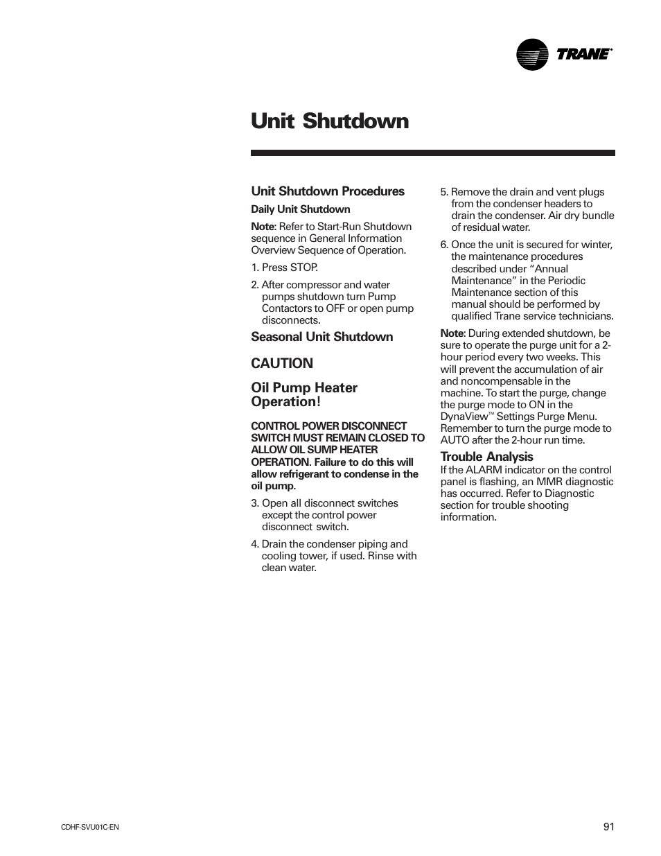 Unit shutdown, Caution oil pump heater operation | American Standard CH530 User Manual | Page 91 / 116