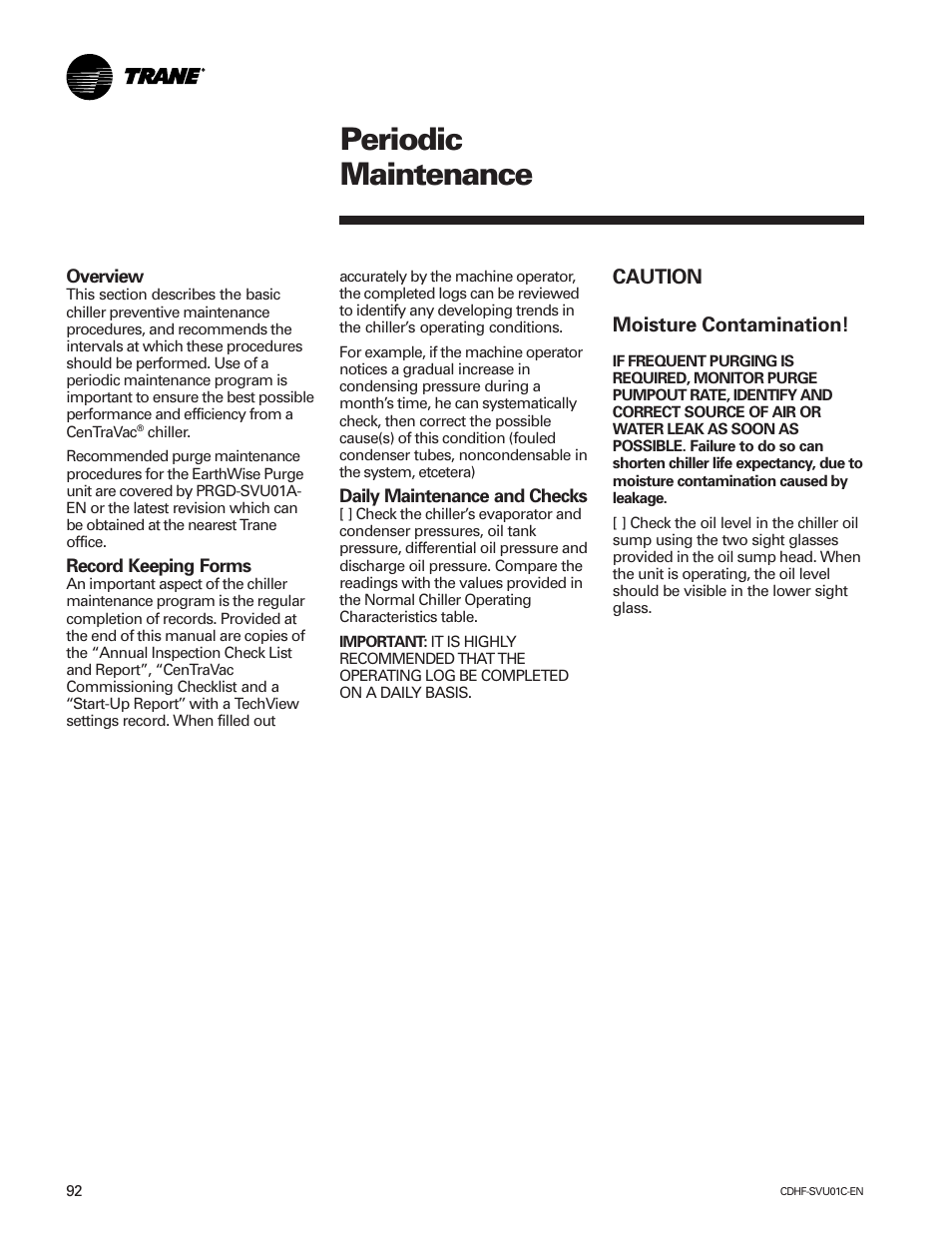 Periodic maintenance, Caution moisture contamination | American Standard CH530 User Manual | Page 92 / 116
