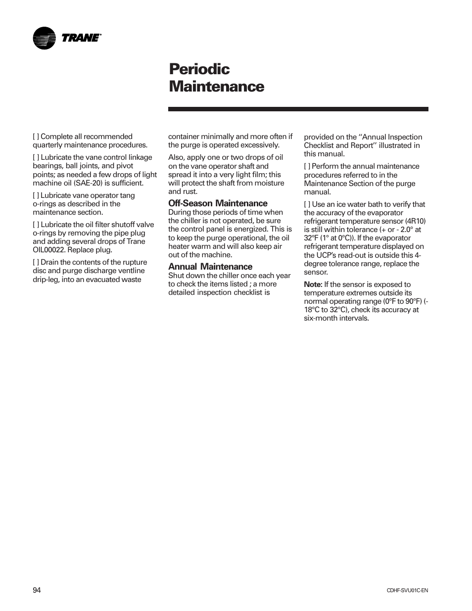 Periodic maintenance | American Standard CH530 User Manual | Page 94 / 116