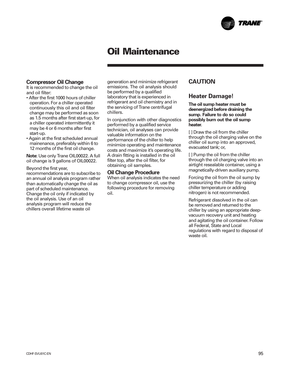 Oil maintenance, Caution heater damage | American Standard CH530 User Manual | Page 95 / 116