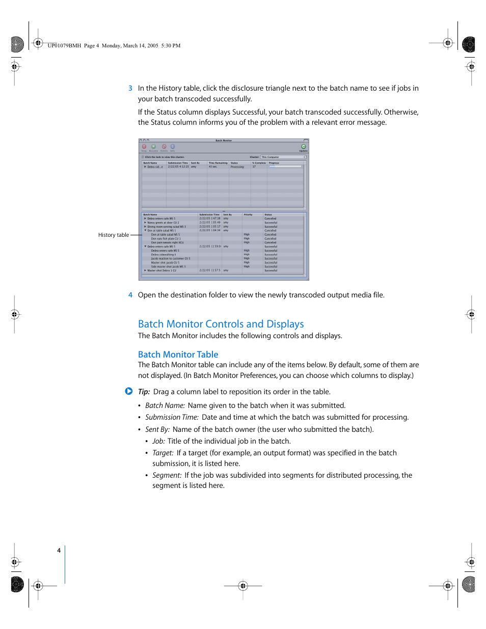 Batch monitor controls and displays, Batch monitor table, P. 4) | Apple Compressor or Qmaster Batch Monitor User Manual | Page 4 / 10