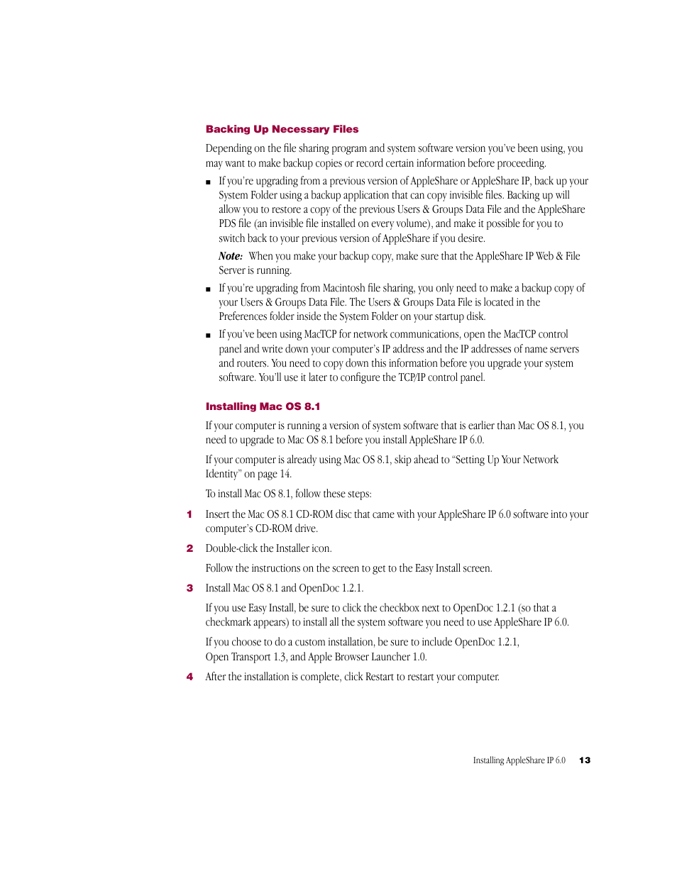 Backing up necessary files, Installing macos 8.1 | Apple AppleShare IP 6.0 User Manual | Page 13 / 70