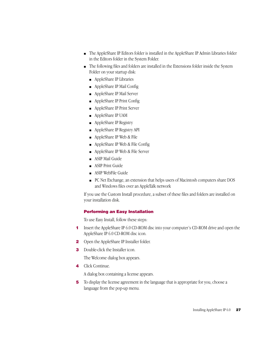 Performing an easy installation | Apple AppleShare IP 6.0 User Manual | Page 27 / 70