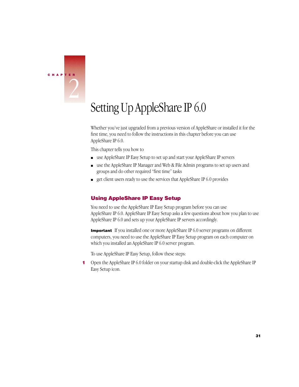 Setting up appleshare ip 6.0, Using appleshare ip easy setup | Apple AppleShare IP 6.0 User Manual | Page 31 / 70