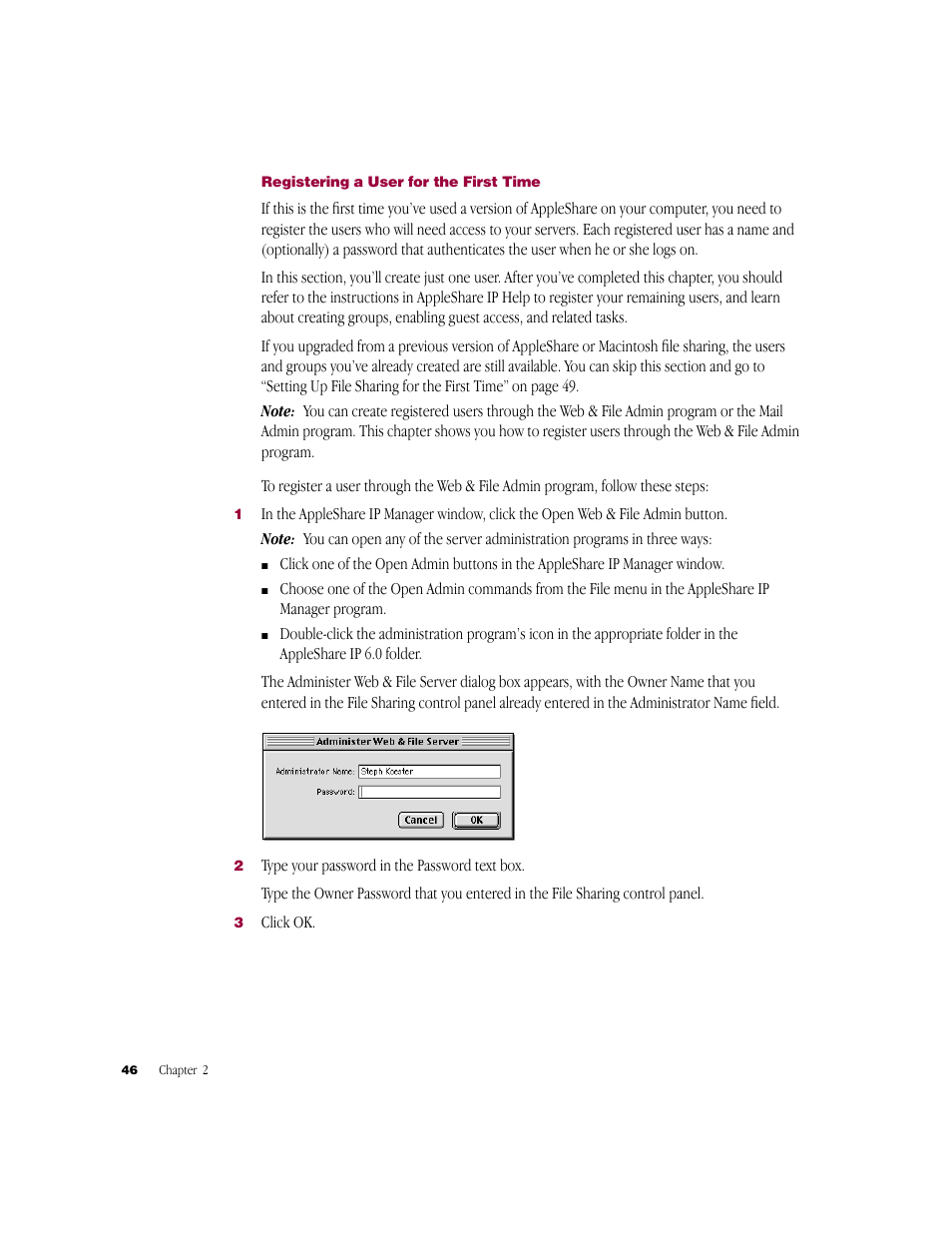 Registering a user for the first time | Apple AppleShare IP 6.0 User Manual | Page 46 / 70