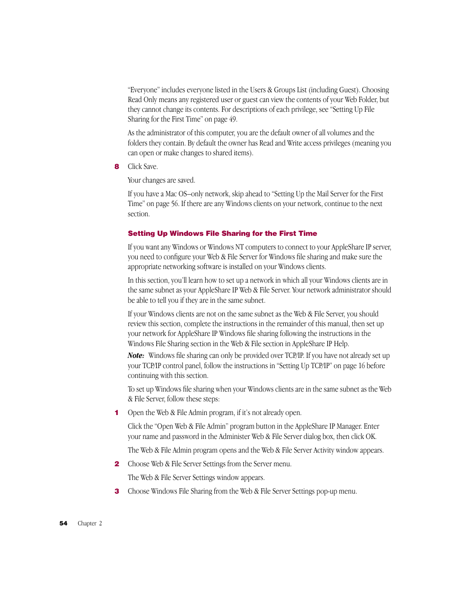 Setting up windows file sharing for the first time | Apple AppleShare IP 6.0 User Manual | Page 54 / 70
