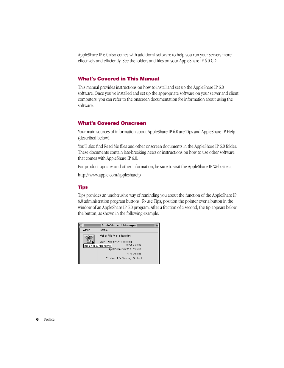 What’s covered in this manual, What’s covered onscreen, Tips | Apple AppleShare IP 6.0 User Manual | Page 6 / 70