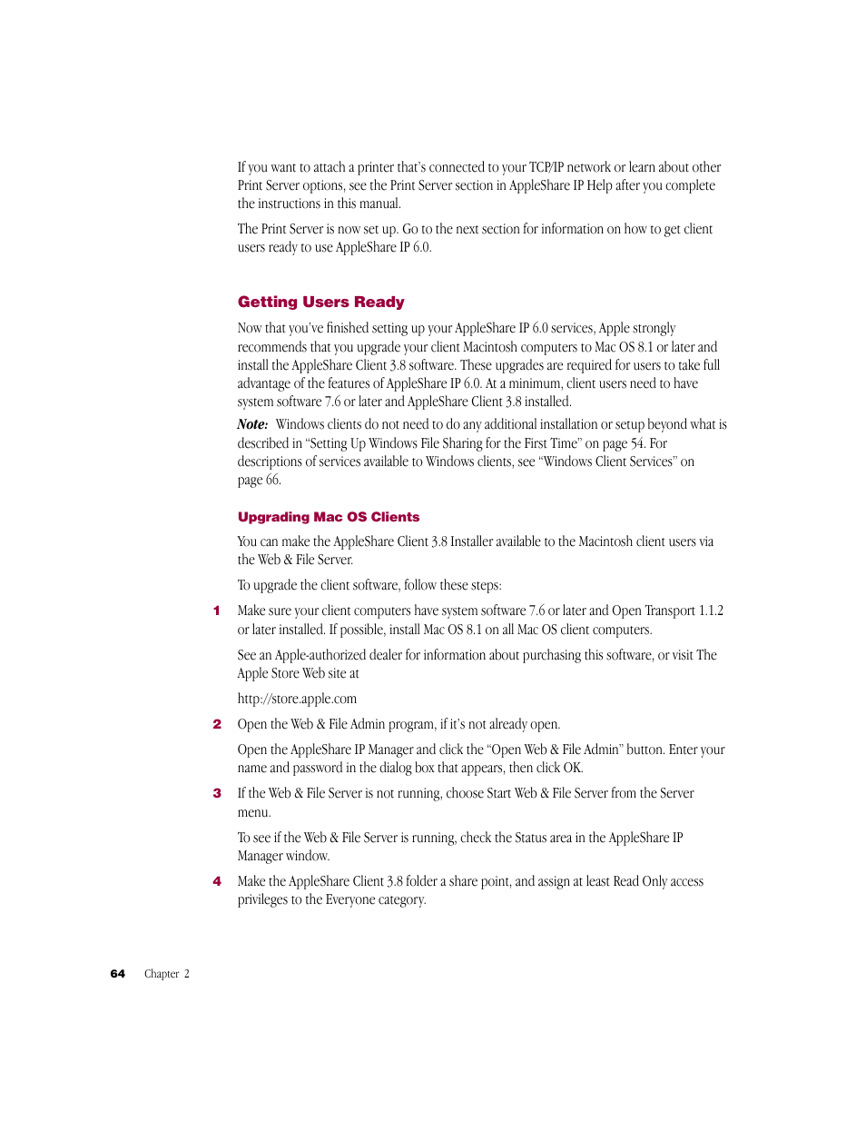 Getting users ready, Upgrading macos clients | Apple AppleShare IP 6.0 User Manual | Page 64 / 70