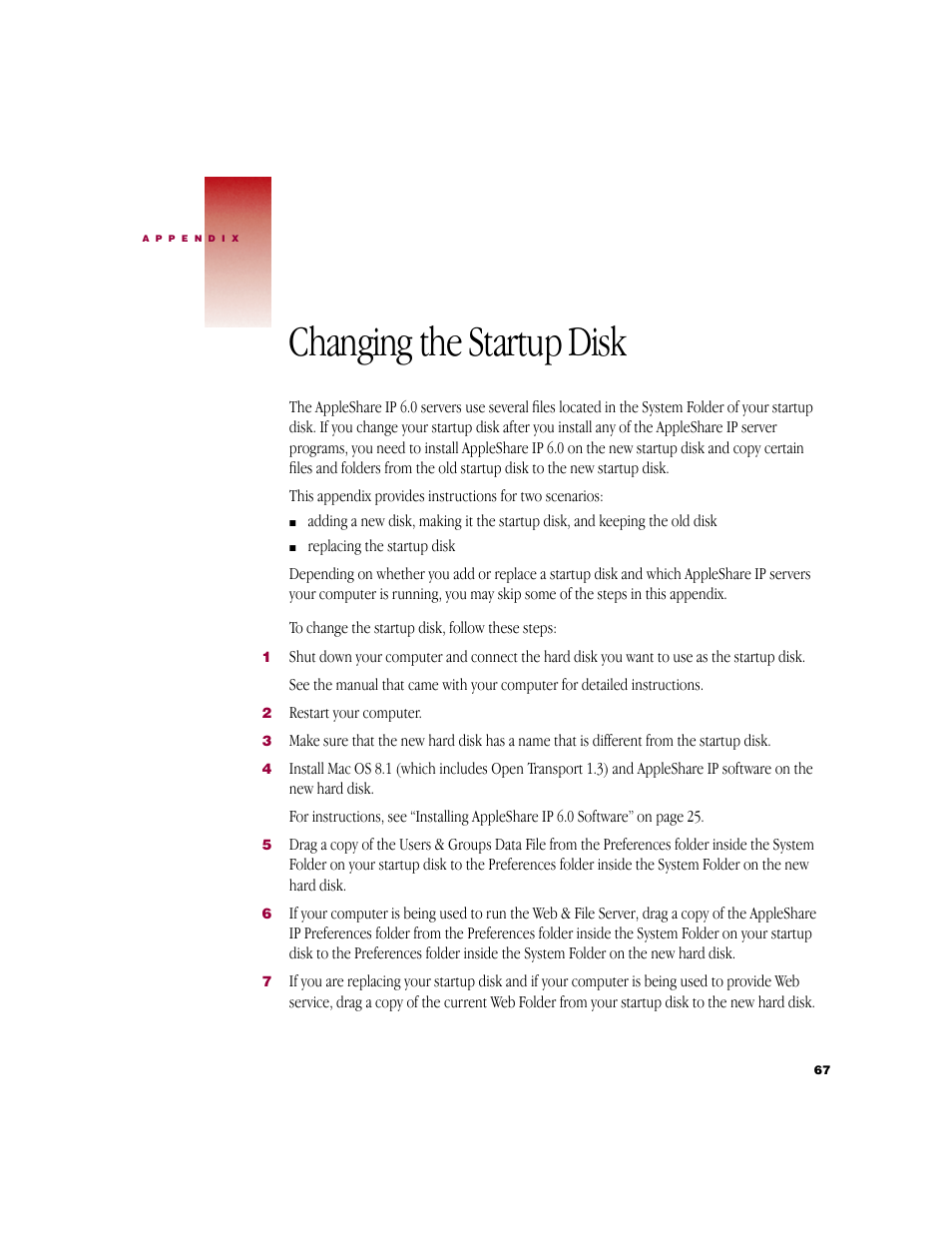 Changing the startup disk | Apple AppleShare IP 6.0 User Manual | Page 67 / 70