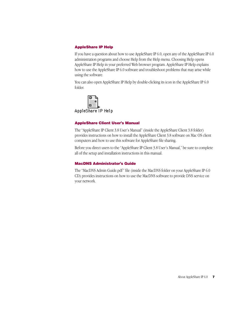 Appleshare ip help, Appleshare client user’s manual, Macdns administrator’s guide | Apple AppleShare IP 6.0 User Manual | Page 7 / 70
