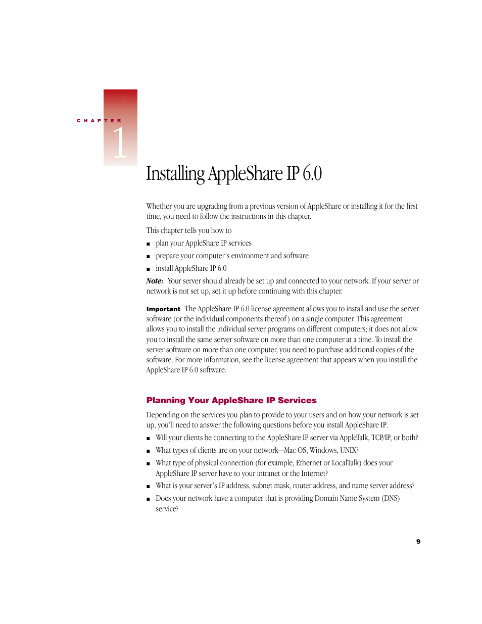 Installing appleshareip6.0, Planning your appleshare ip services, Installing appleshare ip 6.0 | Apple AppleShare IP 6.0 User Manual | Page 9 / 70