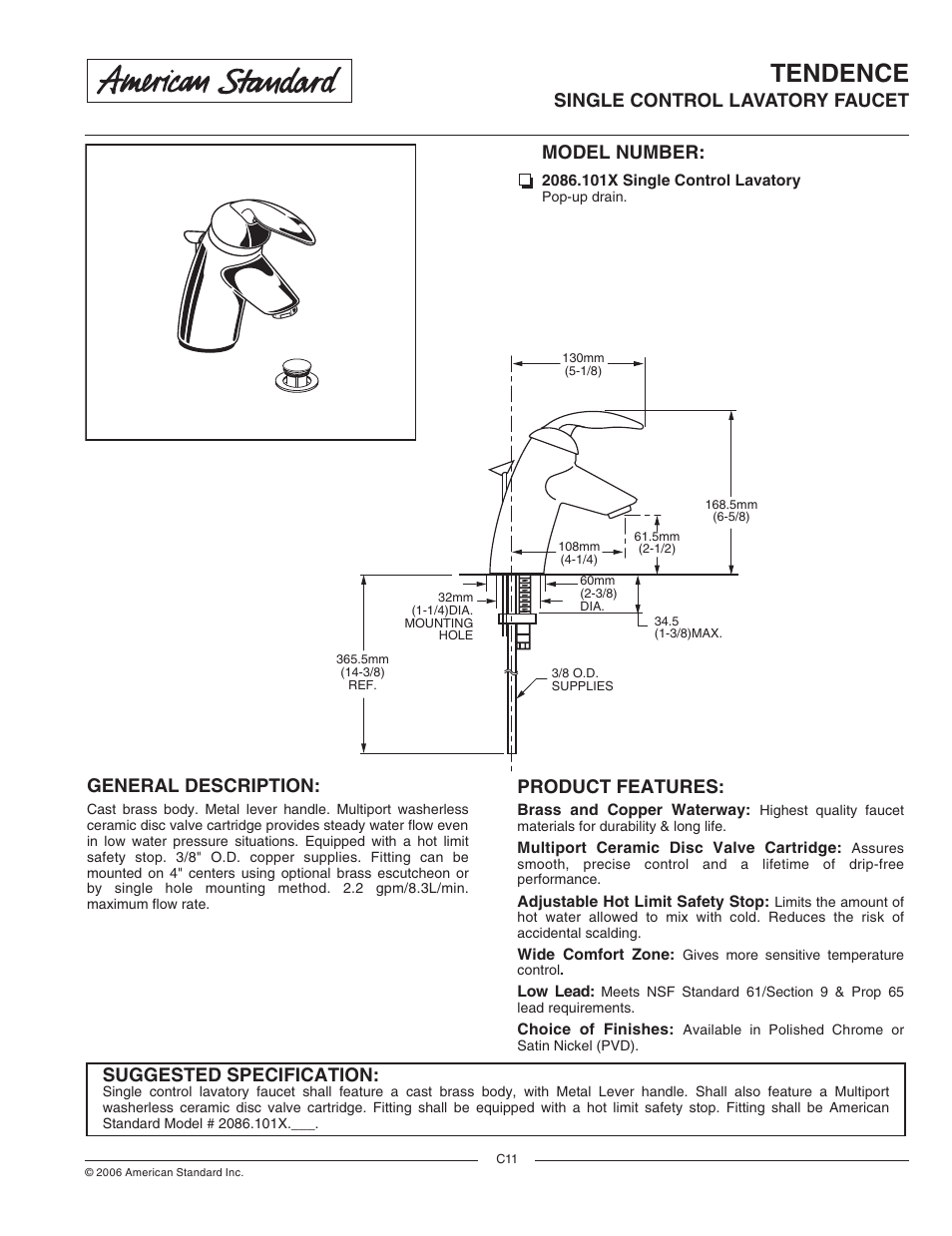 American Standard 2086.101X User Manual | 2 pages