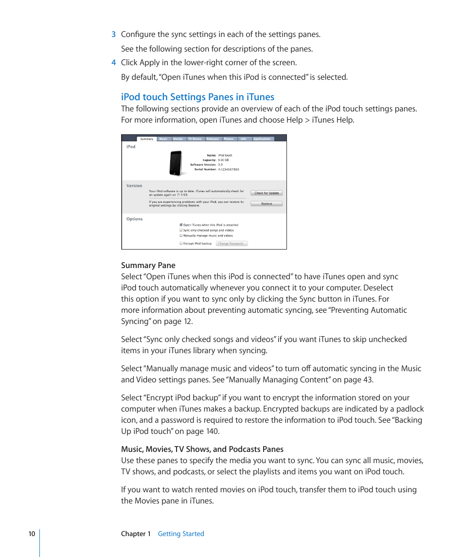 Ipod touch settings panes in itunes | Apple iPod touch iOS 3.0 User Manual | Page 10 / 153