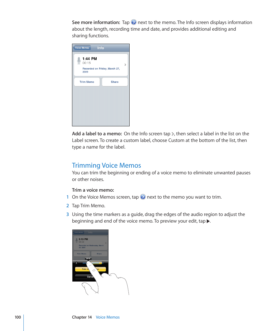 Trimming voice memos, 100 trimming voice memos | Apple iPod touch iOS 3.0 User Manual | Page 100 / 153
