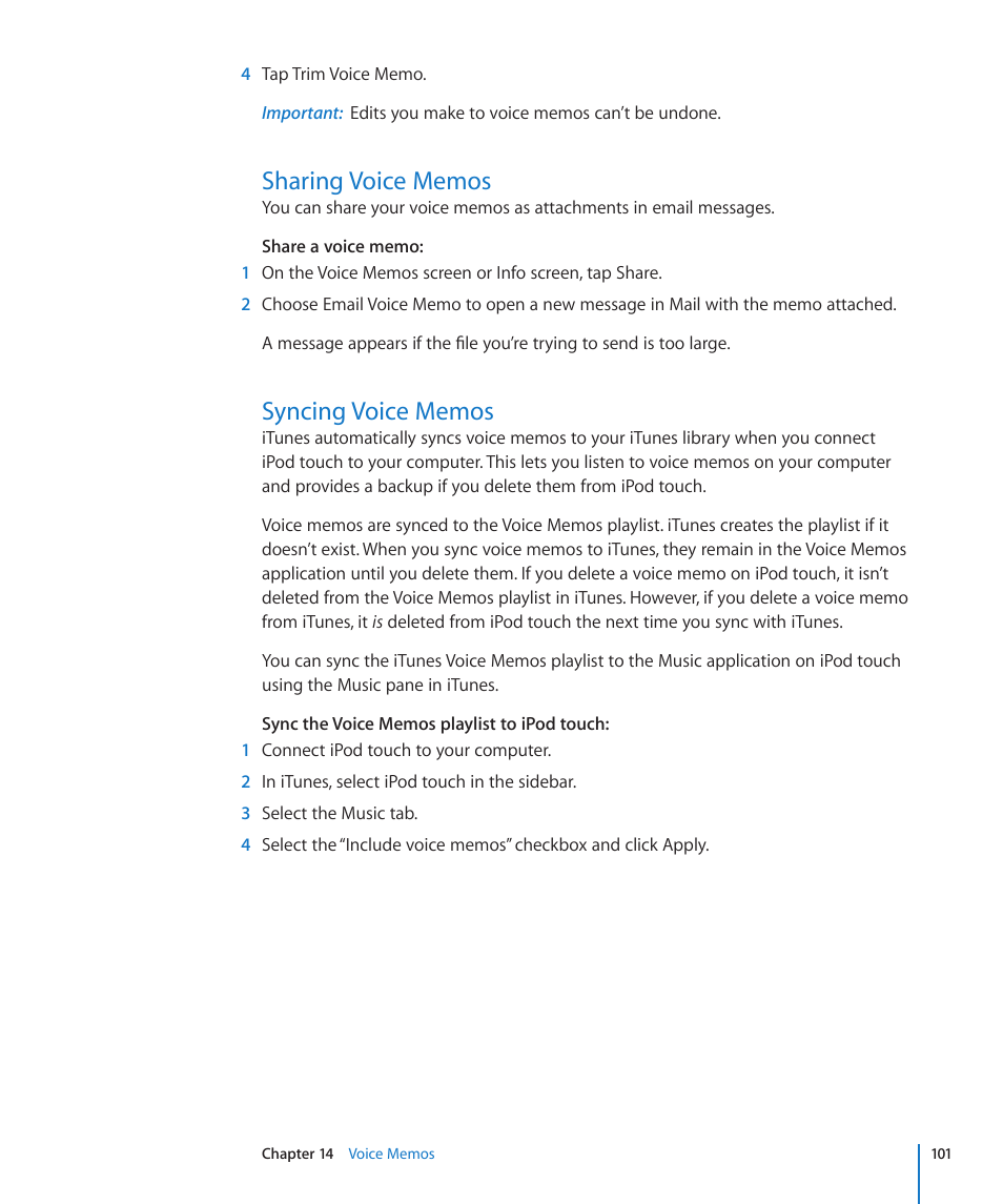 Sharing voice memos, Syncing voice memos, 101 sharing voice memos 101 syncing voice memos | Apple iPod touch iOS 3.0 User Manual | Page 101 / 153