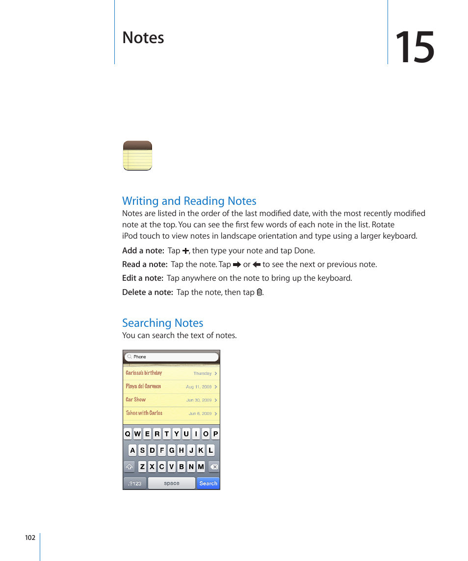 Chapter 15: notes, Writing and reading notes, Searching notes | 102 writing and reading notes 102 searching notes | Apple iPod touch iOS 3.0 User Manual | Page 102 / 153