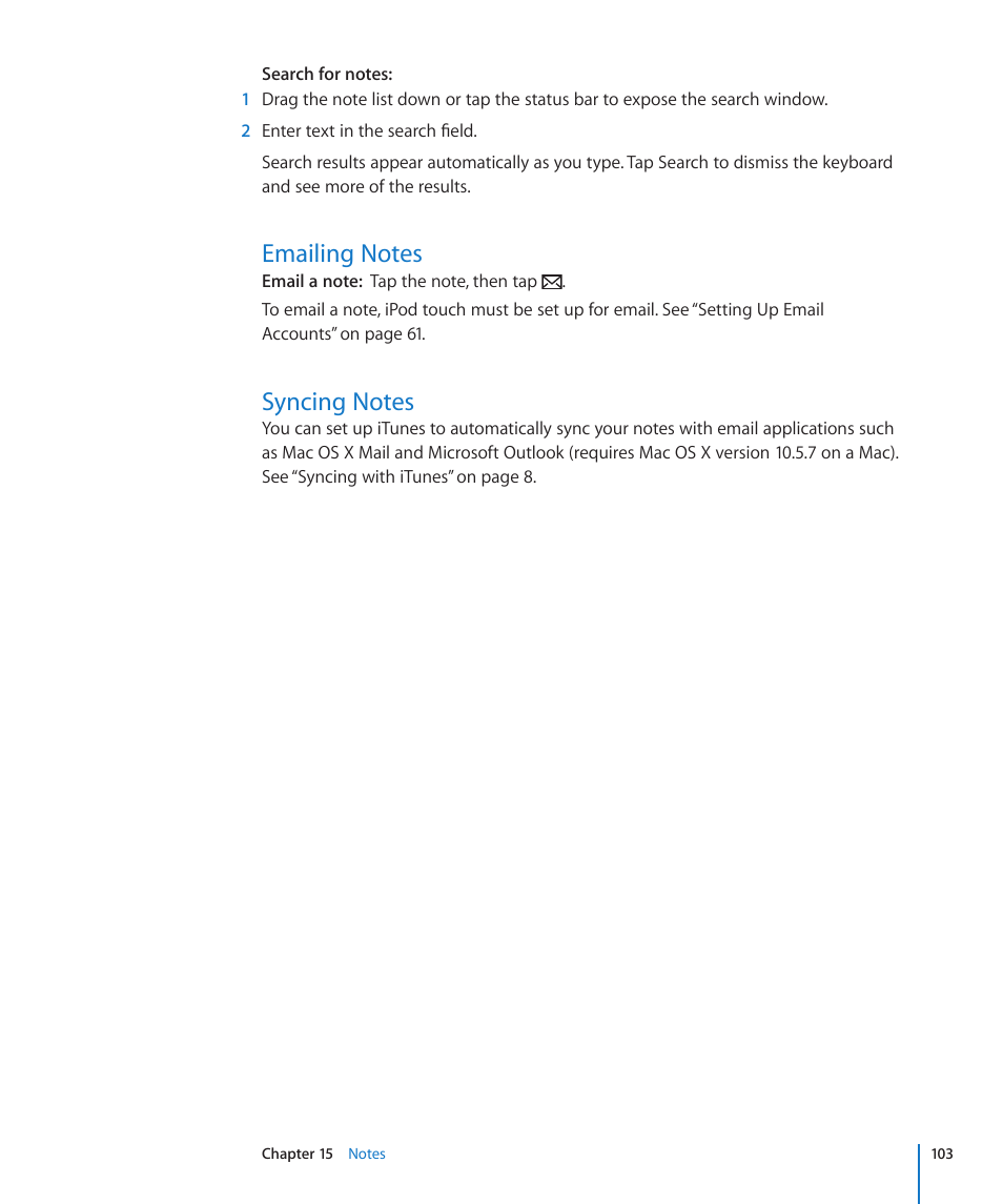 Emailing notes, Syncing notes, 103 emailing notes 103 syncing notes | Apple iPod touch iOS 3.0 User Manual | Page 103 / 153