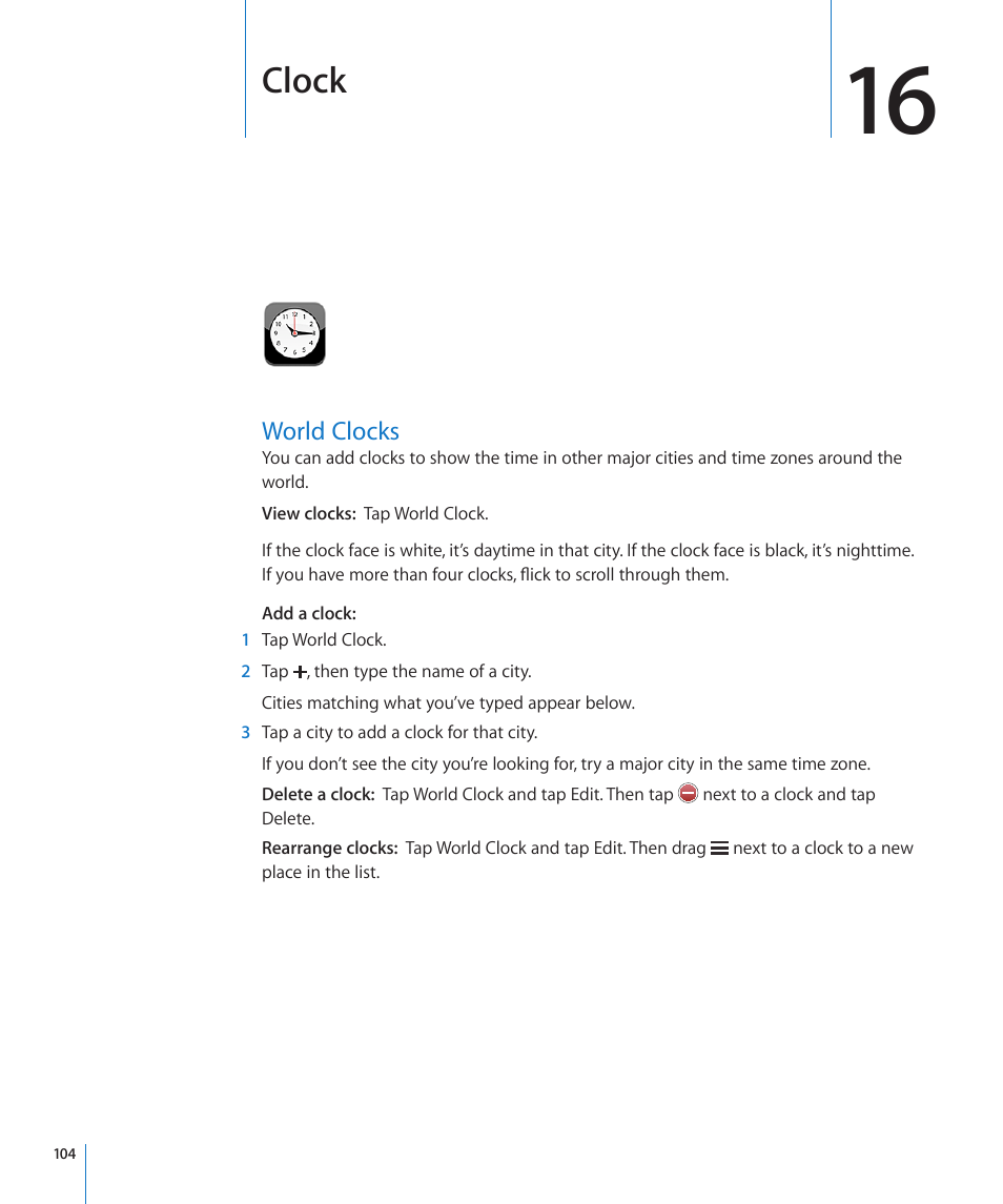 Chapter 16: clock, World clocks, 104 world clocks | Clock | Apple iPod touch iOS 3.0 User Manual | Page 104 / 153