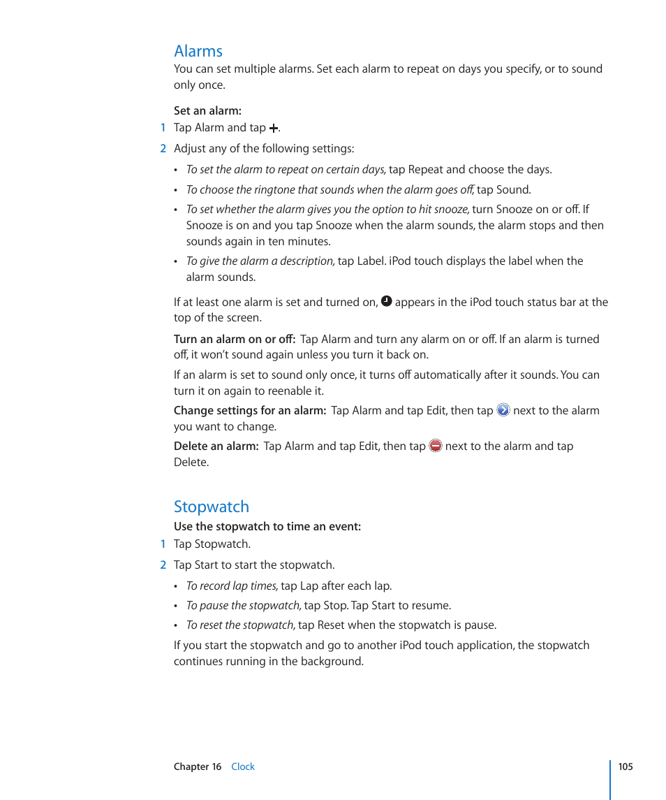 Alarms, Stopwatch, 105 alarms 105 stopwatch | Apple iPod touch iOS 3.0 User Manual | Page 105 / 153