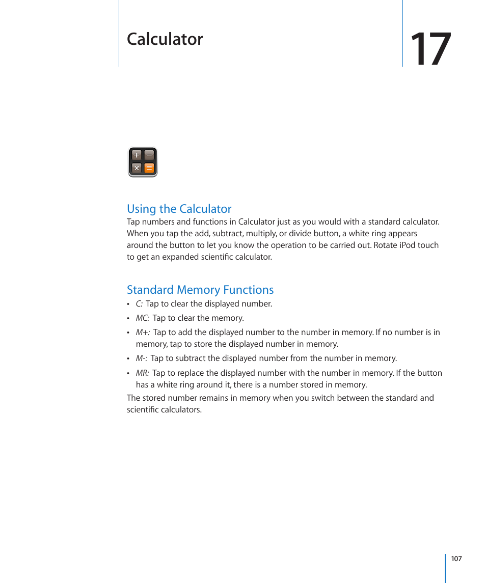 Chapter 17: calculator, Using the calculator, Standard memory functions | Calculator | Apple iPod touch iOS 3.0 User Manual | Page 107 / 153