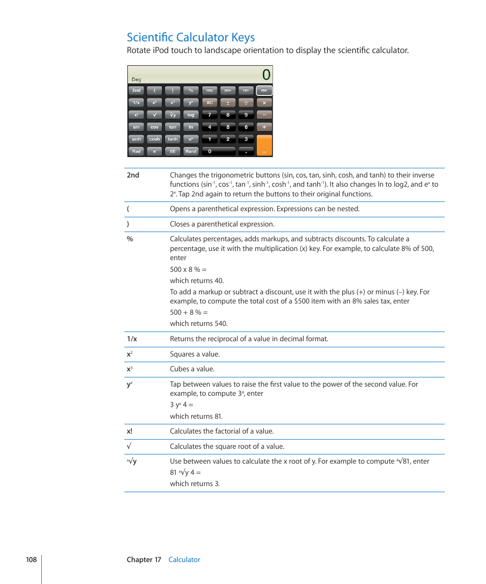 Scientific calculator keys, 108 scientific calculator keys | Apple iPod touch iOS 3.0 User Manual | Page 108 / 153