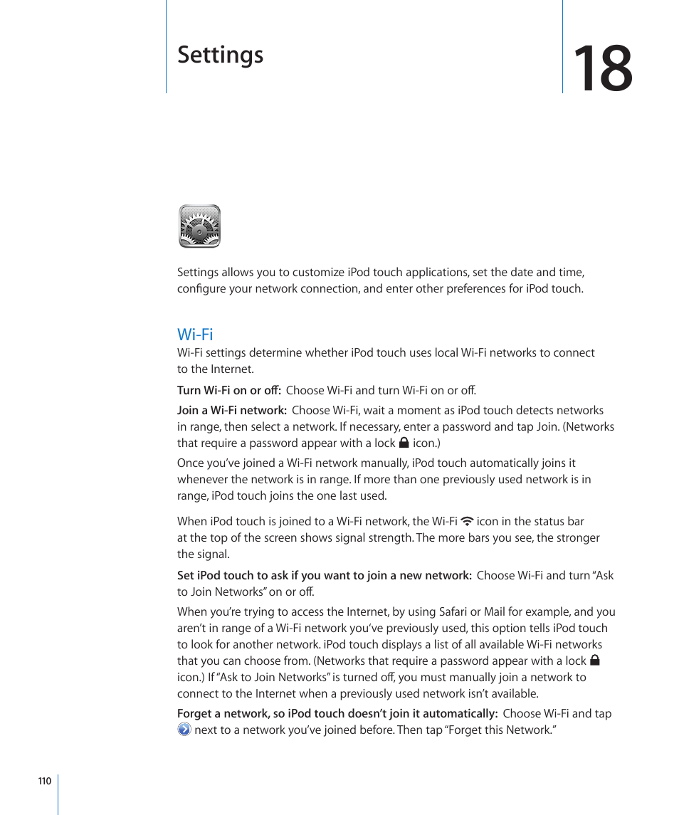 Chapter 18: settings, Wi-fi, 110 wi-fi | Settings | Apple iPod touch iOS 3.0 User Manual | Page 110 / 153