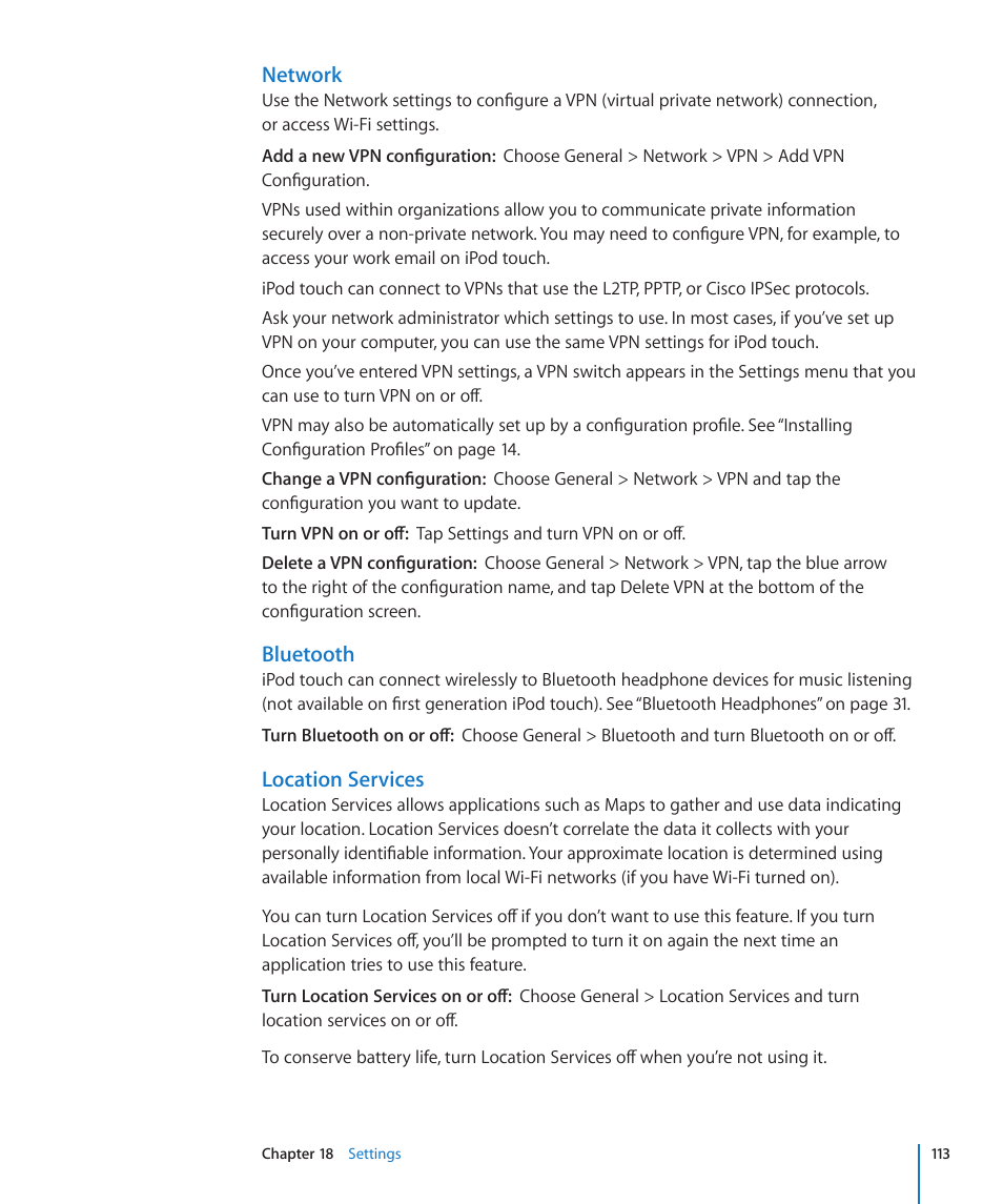 Network, Bluetooth, Location services | Apple iPod touch iOS 3.0 User Manual | Page 113 / 153