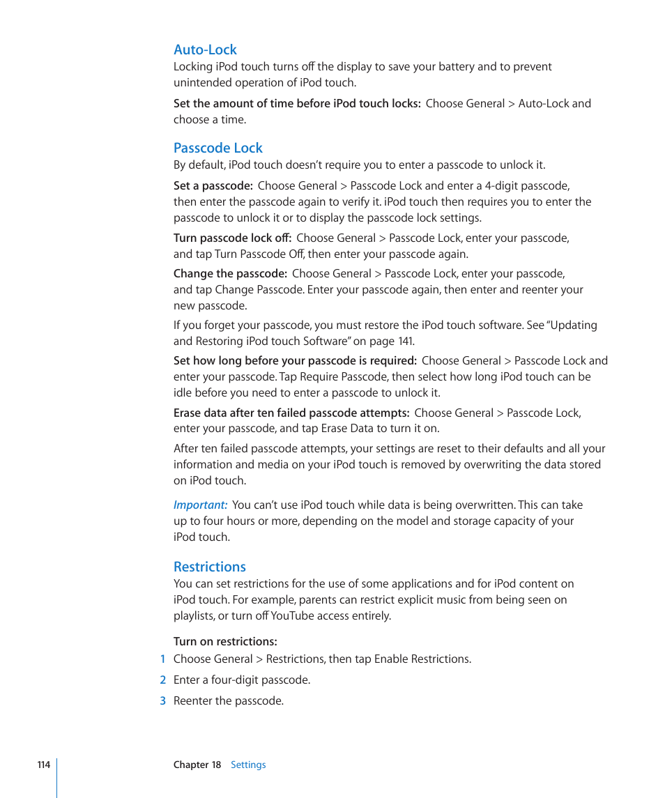 Auto-lock, Passcode lock, Restrictions | Apple iPod touch iOS 3.0 User Manual | Page 114 / 153