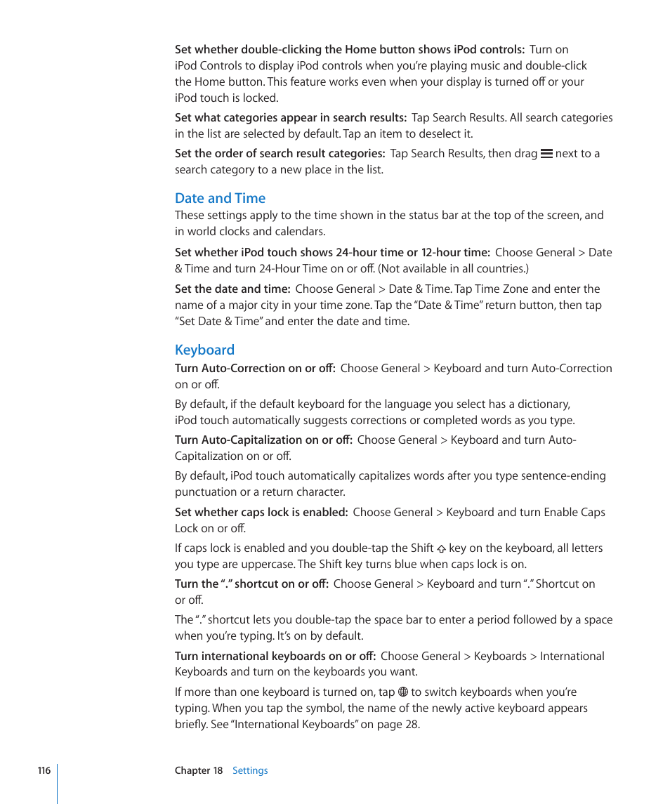 Date and time, Keyboard | Apple iPod touch iOS 3.0 User Manual | Page 116 / 153