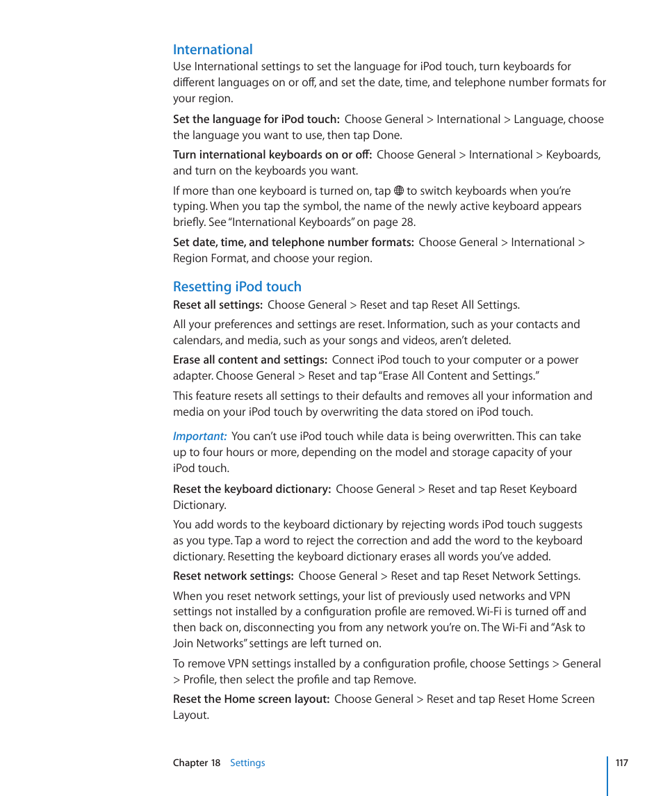 International, Resetting ipod touch | Apple iPod touch iOS 3.0 User Manual | Page 117 / 153