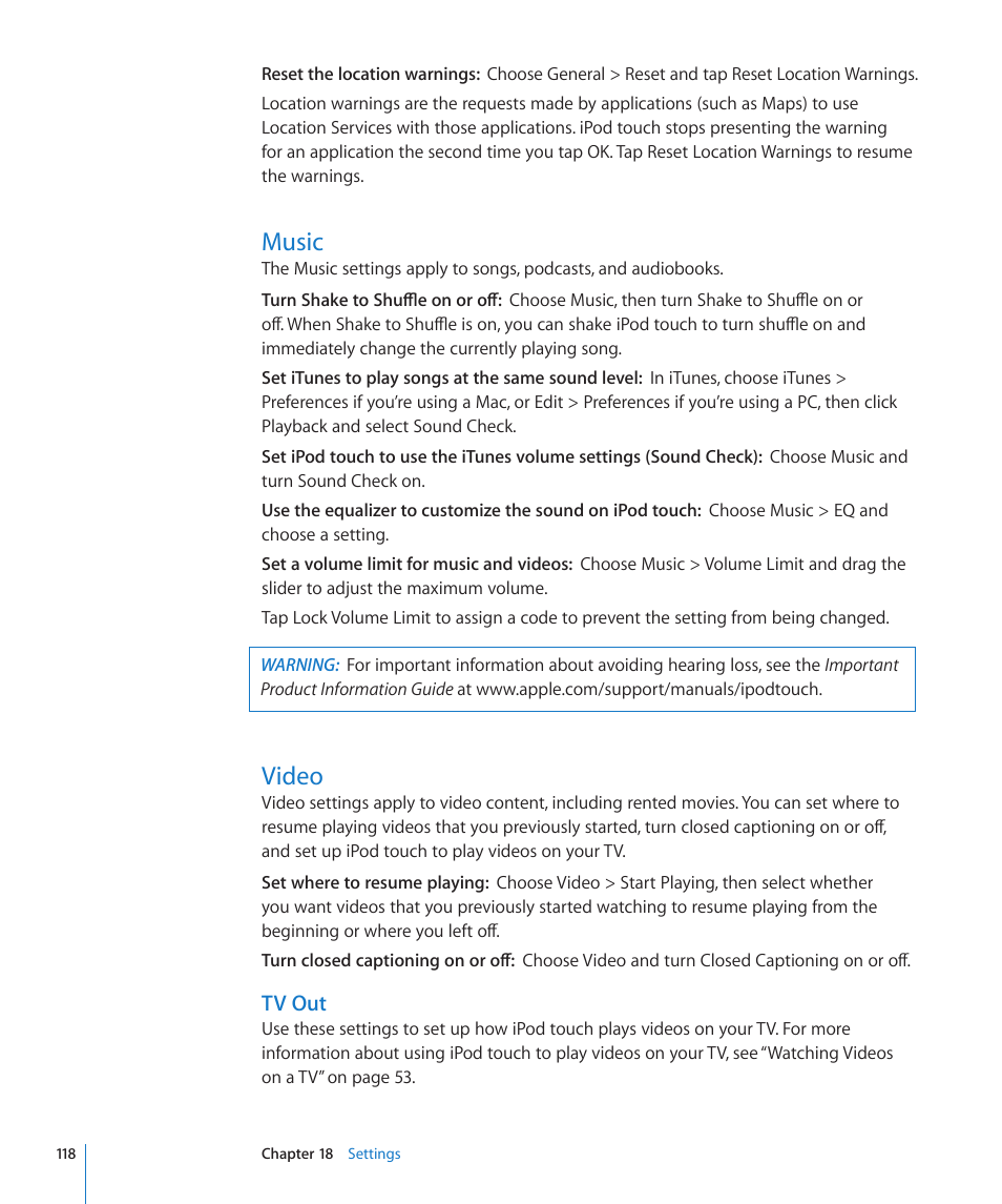 Music, Video, 118 music 118 video | Tv out | Apple iPod touch iOS 3.0 User Manual | Page 118 / 153