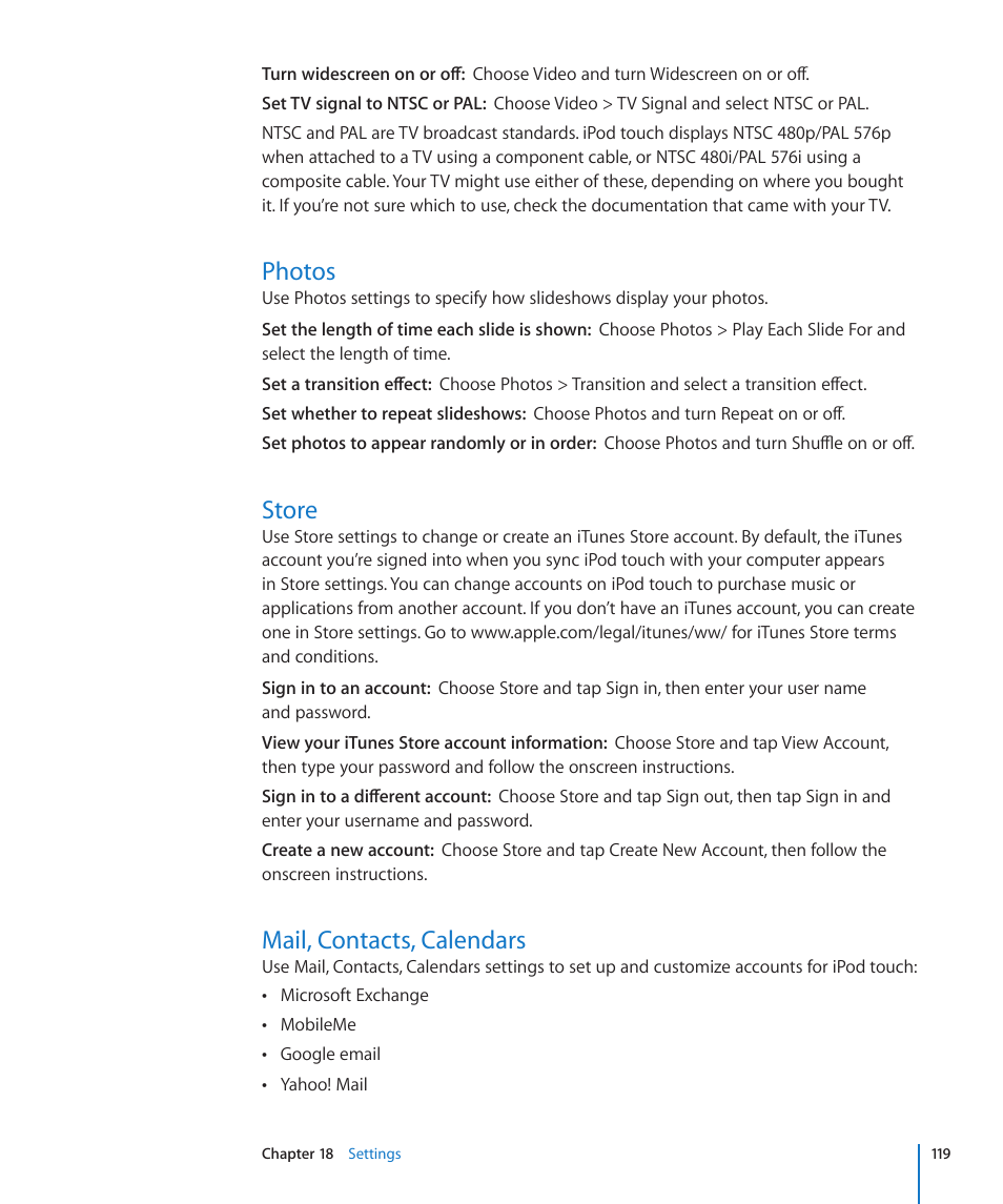 Photos, Store, Mail, contacts, calendars | 119 photos 119 store 119 mail, contacts, calendars | Apple iPod touch iOS 3.0 User Manual | Page 119 / 153