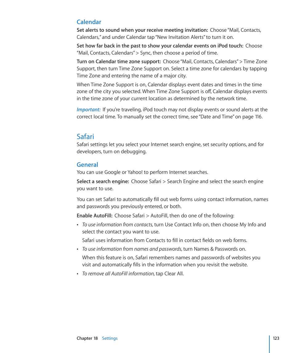 Safari, 123 safari, Calendar | General | Apple iPod touch iOS 3.0 User Manual | Page 123 / 153