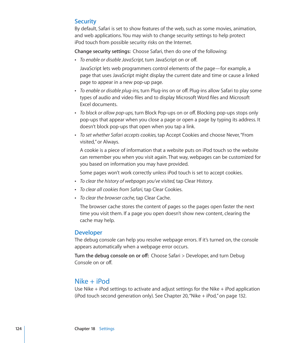 Nike + ipod, 124 nike + ipod, Security | Developer | Apple iPod touch iOS 3.0 User Manual | Page 124 / 153