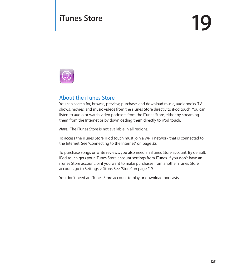 Chapter 19: itunes store, About the itunes store, 125 about the itunes store | Itunes store | Apple iPod touch iOS 3.0 User Manual | Page 125 / 153