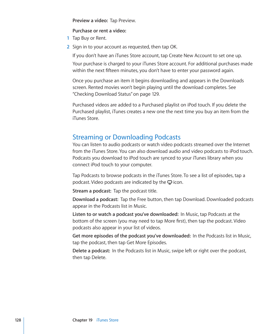Streaming or downloading podcasts, 128 streaming or downloading podcasts | Apple iPod touch iOS 3.0 User Manual | Page 128 / 153