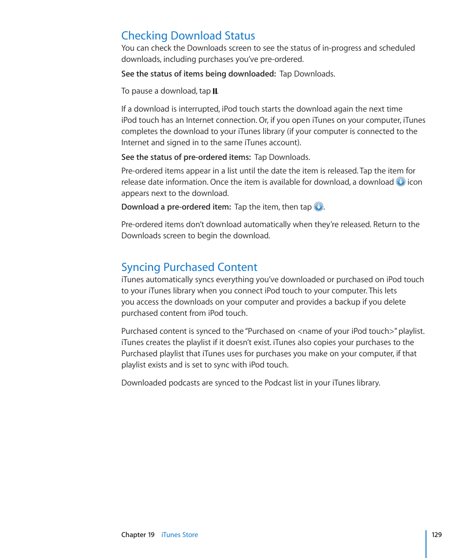 Checking download status, Syncing purchased content | Apple iPod touch iOS 3.0 User Manual | Page 129 / 153