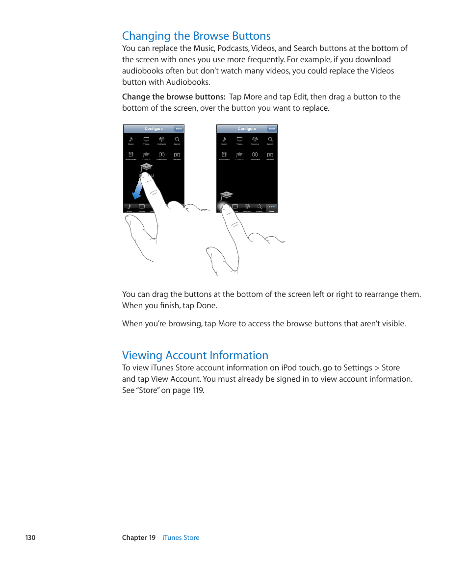 Changing the browse buttons, Viewing account information | Apple iPod touch iOS 3.0 User Manual | Page 130 / 153