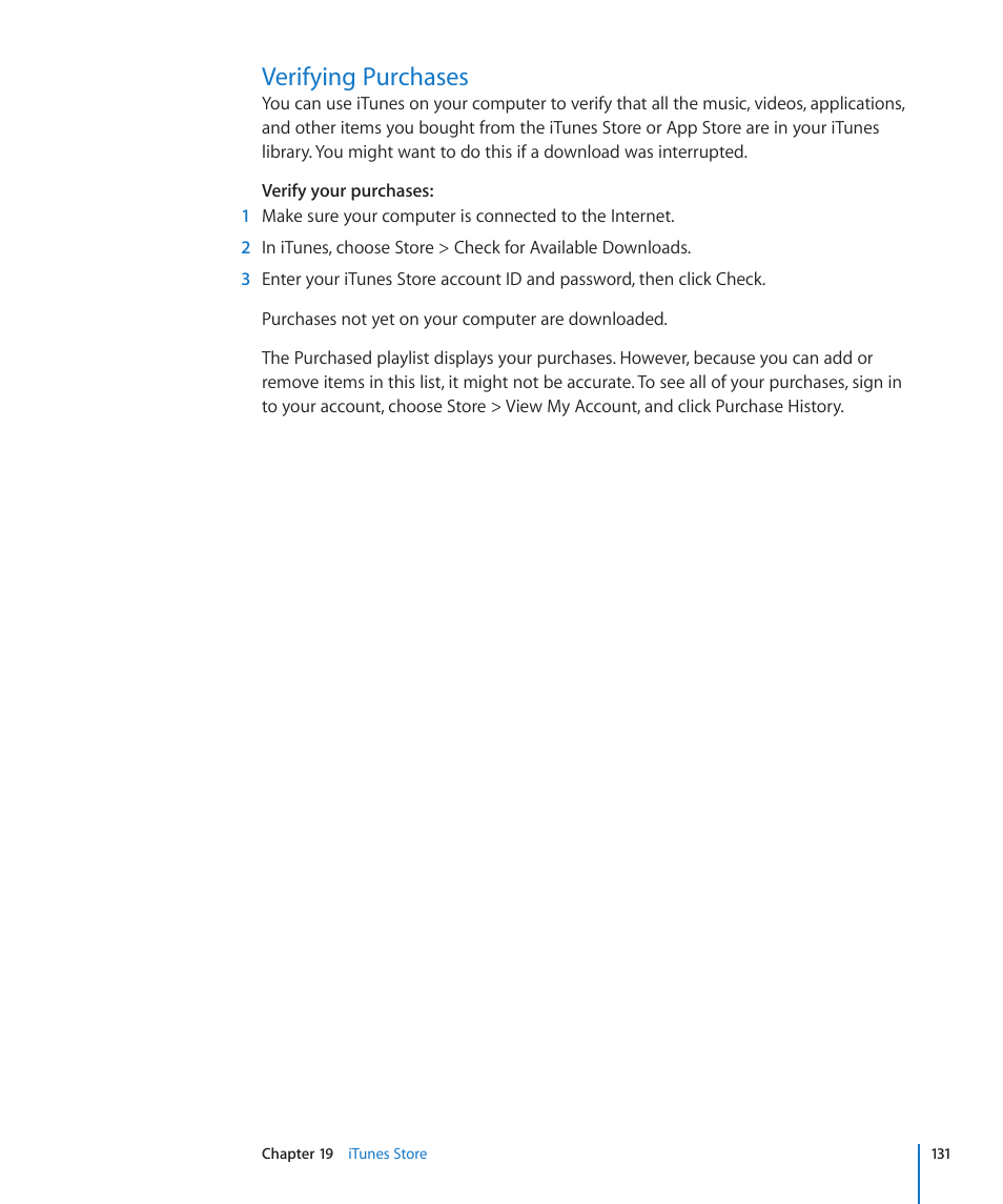 Verifying purchases, 131 verifying purchases | Apple iPod touch iOS 3.0 User Manual | Page 131 / 153