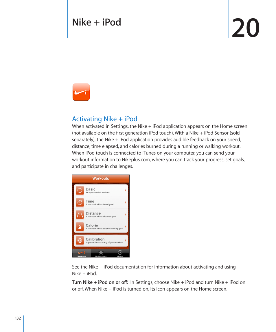 Chapter 20: nike + ipod, Activating nike + ipod, 132 activating nike + ipod | Nike + ipod | Apple iPod touch iOS 3.0 User Manual | Page 132 / 153