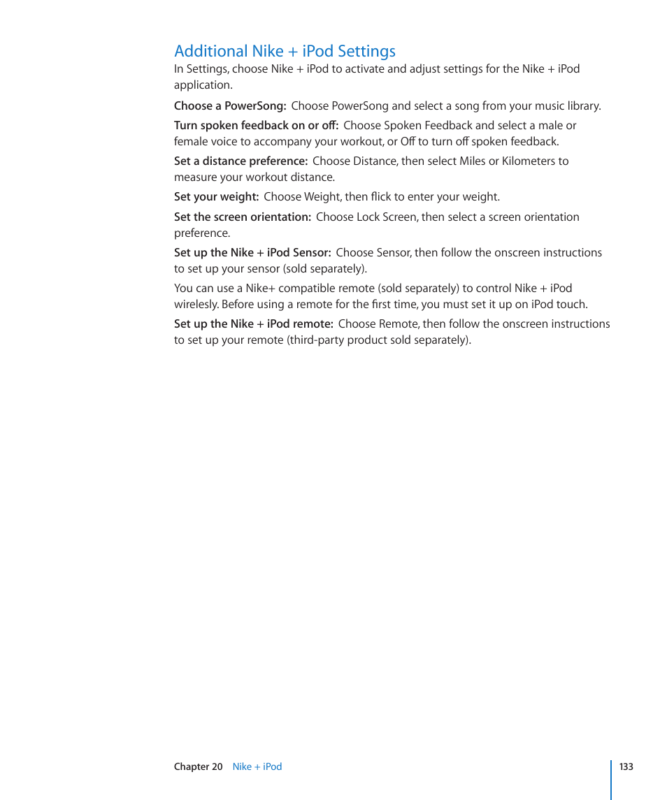 Additional nike + ipod settings, 133 additional nike + ipod settings | Apple iPod touch iOS 3.0 User Manual | Page 133 / 153