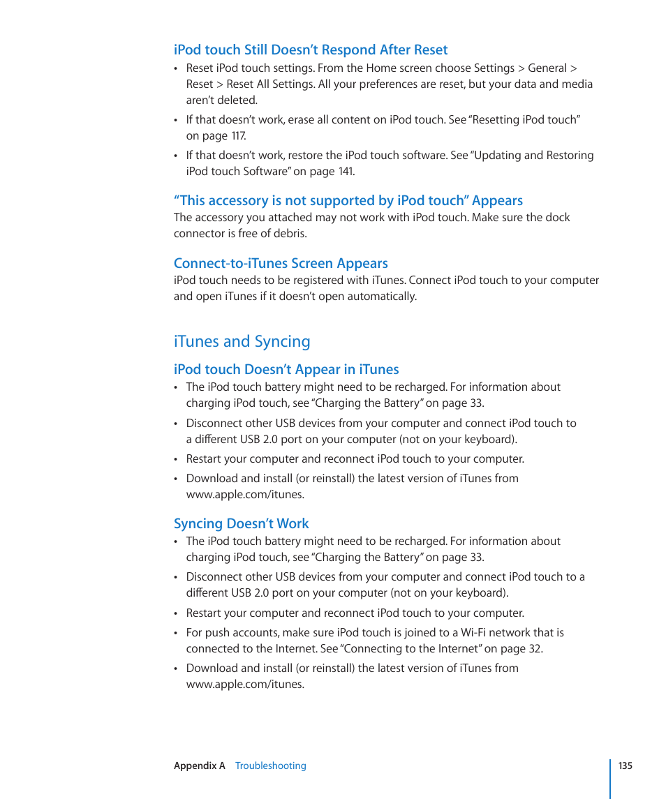 Itunes and syncing, 135 itunes and syncing, Ipod touch still doesn’t respond after reset | Connect-to-itunes screen appears, Ipod touch doesn’t appear in itunes, Syncing doesn’t work | Apple iPod touch iOS 3.0 User Manual | Page 135 / 153