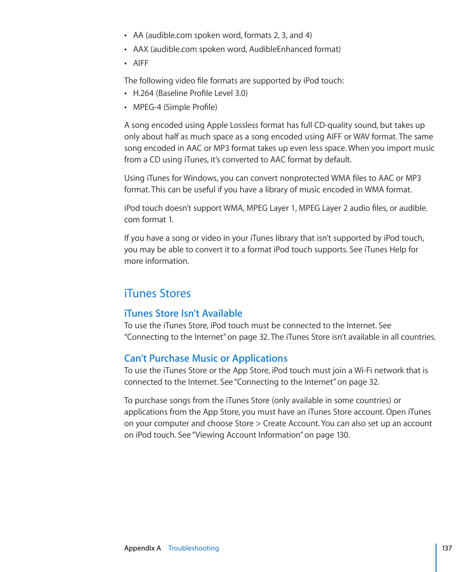 Itunes stores, 137 itunes stores, Itunes store isn’t available | Can’t purchase music or applications | Apple iPod touch iOS 3.0 User Manual | Page 137 / 153